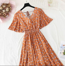 Load image into Gallery viewer, 2021 Summer Women Ruffled Short-sleeved Chiffon Dress V-neck High Waist Floral Print Beach Midi Dresses Backless Sexy Vestidos
