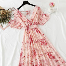 Load image into Gallery viewer, 2021 Summer Women Ruffled Short-sleeved Chiffon Dress V-neck High Waist Floral Print Beach Midi Dresses Backless Sexy Vestidos
