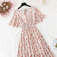 Load image into Gallery viewer, 2021 Summer Women Ruffled Short-sleeved Chiffon Dress V-neck High Waist Floral Print Beach Midi Dresses Backless Sexy Vestidos
