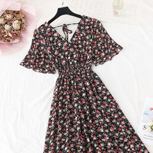 Load image into Gallery viewer, 2021 Summer Women Ruffled Short-sleeved Chiffon Dress V-neck High Waist Floral Print Beach Midi Dresses Backless Sexy Vestidos
