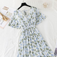 Load image into Gallery viewer, 2021 Summer Women Ruffled Short-sleeved Chiffon Dress V-neck High Waist Floral Print Beach Midi Dresses Backless Sexy Vestidos
