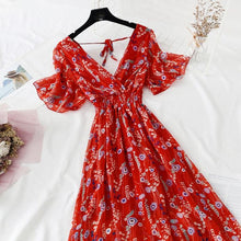 Load image into Gallery viewer, 2021 Summer Women Ruffled Short-sleeved Chiffon Dress V-neck High Waist Floral Print Beach Midi Dresses Backless Sexy Vestidos
