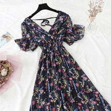 Load image into Gallery viewer, 2021 Summer Women Ruffled Short-sleeved Chiffon Dress V-neck High Waist Floral Print Beach Midi Dresses Backless Sexy Vestidos
