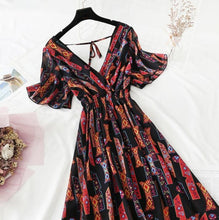 Load image into Gallery viewer, 2021 Summer Women Ruffled Short-sleeved Chiffon Dress V-neck High Waist Floral Print Beach Midi Dresses Backless Sexy Vestidos
