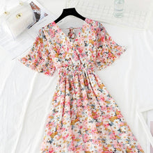 Load image into Gallery viewer, 2021 Summer Women Ruffled Short-sleeved Chiffon Dress V-neck High Waist Floral Print Beach Midi Dresses Backless Sexy Vestidos
