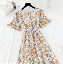 Load image into Gallery viewer, 2021 Summer Women Ruffled Short-sleeved Chiffon Dress V-neck High Waist Floral Print Beach Midi Dresses Backless Sexy Vestidos
