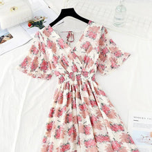 Load image into Gallery viewer, 2021 Summer Women Ruffled Short-sleeved Chiffon Dress V-neck High Waist Floral Print Beach Midi Dresses Backless Sexy Vestidos
