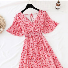 Load image into Gallery viewer, 2021 Summer Women Ruffled Short-sleeved Chiffon Dress V-neck High Waist Floral Print Beach Midi Dresses Backless Sexy Vestidos
