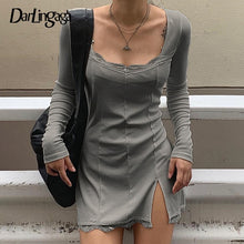 Load image into Gallery viewer, Darlingaga Square Neck Lace Patchwork Bodycon Black Dress Women Elegant Cotton Fashion Side Split Autumn Dress Mini Ladies Basic
