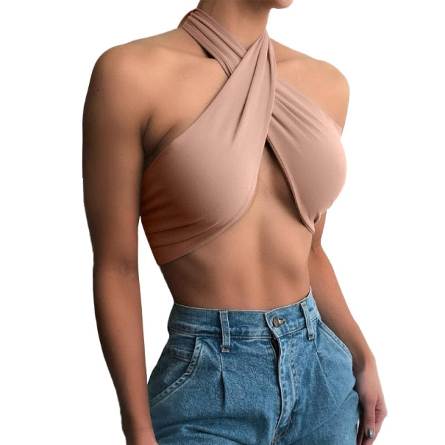 Women Strappy Cross Over Front Cut Out Halter Neck Sleeveless Backless Wrap Crop Top Bandage Vest Summer Sexy Tops Woman Clothes