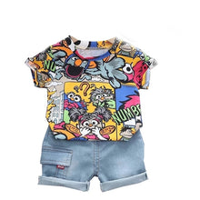 Load image into Gallery viewer, Cool Kid Boys Summer Clothes Outfit With Sunhat Fashion Graffiti Short-sleeved T-shirt Denim Shorts Set Children Pants  Clothing
