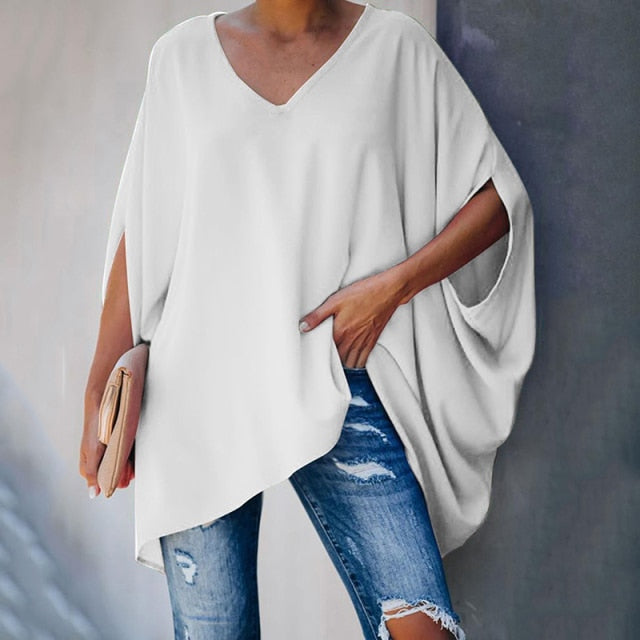 Fashion Women Summer Elegant V Neck Oversized Plus Size Top Lady Casual Solid Long Sleeve Loose Fit Blouse 2021 New