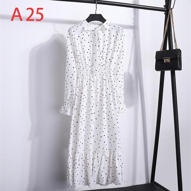 2021 Winter Dress Women Long Sleeve Vintage Dress Chiffon Shirt Vestidos For Ladies Casual Floral Midi Autumn Dresses Polka Dot