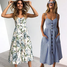 Load image into Gallery viewer, Vintage Casual Sundress Female Beach Dress Midi Button Backless Polka Dot Striped Women Dress Summer 2021 Boho Sexy Floral Dress
