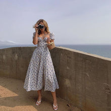 Load image into Gallery viewer, Summer Dress Women Short Puff Sleeve Flroal Printed Ruched Party High Split Long Maxi Dresses Drawstring Sexy Vestidos Sundress
