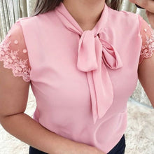 Load image into Gallery viewer, Plus Size 5xl Elegant Lace Up Bow Tie Shirt Summer Short Sleeve Solid Color Chiffon Casual Blouse Office Lady Blusas Women Tops
