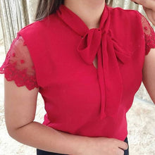 Load image into Gallery viewer, Plus Size 5xl Elegant Lace Up Bow Tie Shirt Summer Short Sleeve Solid Color Chiffon Casual Blouse Office Lady Blusas Women Tops
