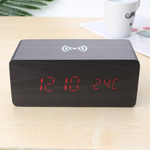 Load image into Gallery viewer, Wooden Electric Alarm Clock with Wireless Charging Pad LED Digital Charger for Bedroom Digital Home Decoration
