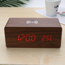 Load image into Gallery viewer, Wooden Electric Alarm Clock with Wireless Charging Pad LED Digital Charger for Bedroom Digital Home Decoration
