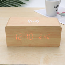 Load image into Gallery viewer, Wooden Electric Alarm Clock with Wireless Charging Pad LED Digital Charger for Bedroom Digital Home Decoration
