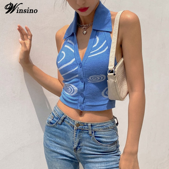 Green Summer Crop Top Short Y2k V-Neck 2021Women Love Print  Halter Knitted Sexy Slim Small Vest Navel Lapel Clothes Tank Top