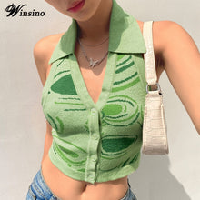 Load image into Gallery viewer, Green Summer Crop Top Short Y2k V-Neck 2021Women Love Print  Halter Knitted Sexy Slim Small Vest Navel Lapel Clothes Tank Top
