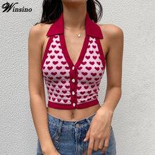 Load image into Gallery viewer, Green Summer Crop Top Short Y2k V-Neck 2021Women Love Print  Halter Knitted Sexy Slim Small Vest Navel Lapel Clothes Tank Top
