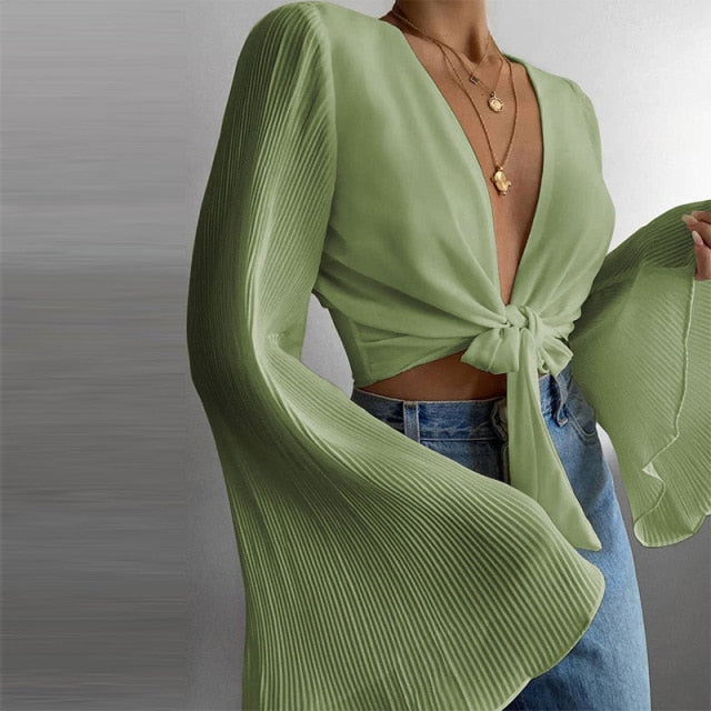 Spring Flare Long Sleeve Beach Shirts Blouse Solid Sexy Deep V Neck Women Shirt Blusas Summer Tie-Up Hollow Out Tops Streetwear