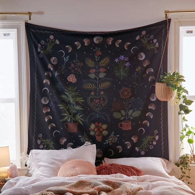 Moon Phase Tapestry Wall Hanging Botanical Celestial Floral Wall Tapestry Hippie Flower Wall Carpets Dorm Decor Starry SkyCarpet