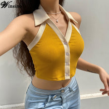 Load image into Gallery viewer, Green Summer Crop Top Short Y2k V-Neck 2021Women Love Print  Halter Knitted Sexy Slim Small Vest Navel Lapel Clothes Tank Top
