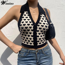 Load image into Gallery viewer, Green Summer Crop Top Short Y2k V-Neck 2021Women Love Print  Halter Knitted Sexy Slim Small Vest Navel Lapel Clothes Tank Top
