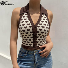 Load image into Gallery viewer, Green Summer Crop Top Short Y2k V-Neck 2021Women Love Print  Halter Knitted Sexy Slim Small Vest Navel Lapel Clothes Tank Top
