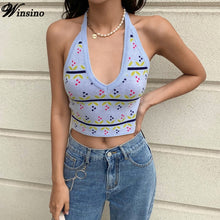 Load image into Gallery viewer, Green Summer Crop Top Short Y2k V-Neck 2021Women Love Print  Halter Knitted Sexy Slim Small Vest Navel Lapel Clothes Tank Top
