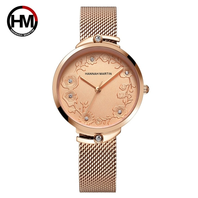 2021New Hot Sale Women's Watch Luxury Fashion Rhinestone Embossed Rose Gold Mesh Belt Japanese Movement Waterproof Quartz Watch