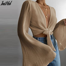 Load image into Gallery viewer, Spring Flare Long Sleeve Beach Shirts Blouse Solid Sexy Deep V Neck Women Shirt Blusas Summer Tie-Up Hollow Out Tops Streetwear
