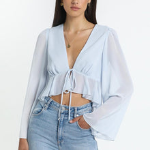 Load image into Gallery viewer, Spring Flare Long Sleeve Beach Shirts Blouse Solid Sexy Deep V Neck Women Shirt Blusas Summer Tie-Up Hollow Out Tops Streetwear
