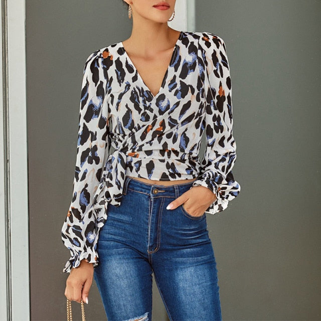 Summer Leopard Printing Short Blouses Women Long Sleeve Deep V-Neck Lace Up Casual Blouse Sexy Crop Office Ladies Slim Tops