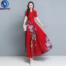 Load image into Gallery viewer, 2021 Chiffon Dress Women Elegant Chinese Style Print Short Sleeve V Tie Clothes Blue Red Plus Size Summer Beach Pleated Vestidos
