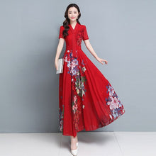 Load image into Gallery viewer, 2021 Chiffon Dress Women Elegant Chinese Style Print Short Sleeve V Tie Clothes Blue Red Plus Size Summer Beach Pleated Vestidos
