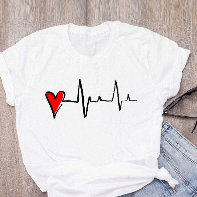 Heartbeat ECG Printed Short Sleeve Tshirts Women Harajuku Ulzzang Tumblr Graphic Tees Shirt Femme Hot 2021 Clothes