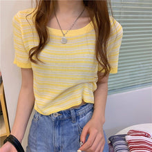 Load image into Gallery viewer, 2021 New Stripe Slim T-shirt Women&#39;s O-neck Elastic Thin Tops Short Sleeve Knitted T-shirts for Girls Summer Clothes
