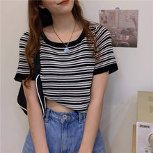 Load image into Gallery viewer, 2021 New Stripe Slim T-shirt Women&#39;s O-neck Elastic Thin Tops Short Sleeve Knitted T-shirts for Girls Summer Clothes
