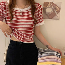 Load image into Gallery viewer, 2021 New Stripe Slim T-shirt Women&#39;s O-neck Elastic Thin Tops Short Sleeve Knitted T-shirts for Girls Summer Clothes
