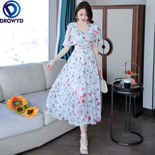 Load image into Gallery viewer, 2021 Summer Sexy Beach Midi Dress Elegant Temperament Print V-neck Short Sleeve Chiffon Dress Woman Clothes Sexy Party Vestidos
