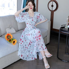 Load image into Gallery viewer, 2021 Summer Sexy Beach Midi Dress Elegant Temperament Print V-neck Short Sleeve Chiffon Dress Woman Clothes Sexy Party Vestidos
