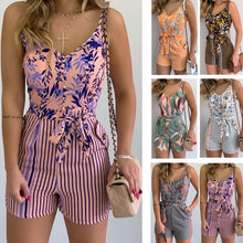 Load image into Gallery viewer, 2021 Summer New Ladies One-piece Shorts European and American Style Sling V-neck Leaf Print One-piece Women&#39;s Clothes WK04
