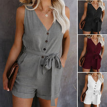 Load image into Gallery viewer, Women&#39;s summer clothes off shoulder strap waist top sleeveless jumpsuit solid color casual V-neck short home jumpsuit 2020 new
