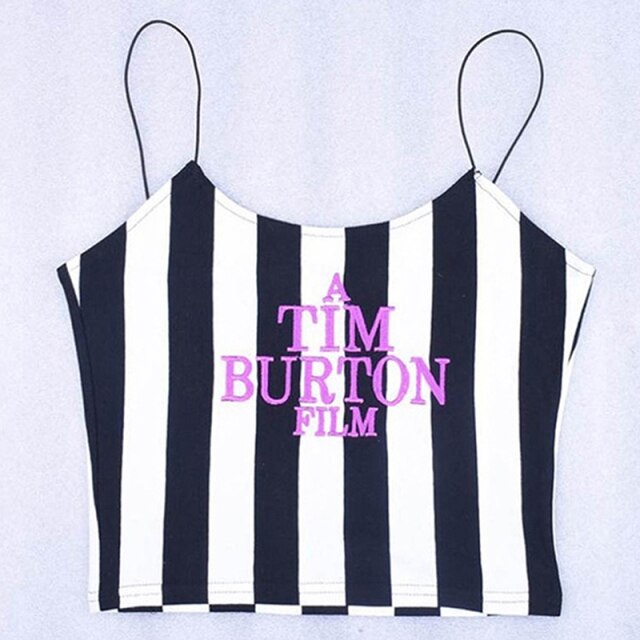 Letter Embroidery Women Sexy Crop Top 2020 Summer Sleeveless Skinny Camis Stripe Camisoles Tim Burton Woman Clothes