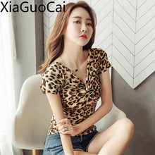 Load image into Gallery viewer, Newest Leopard Short-sleeved Women T-shirt V-neck Women&#39;s Tops Bow Slim Summer Ladies T-shirts Clothes
