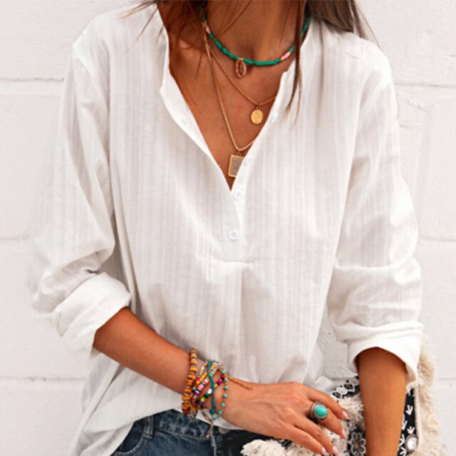 Striped Cotton Linen Women Blouses V neck Long Sleeve Woman Blouses Tops 2021 Summer Casual Office Lady Loose Fashion Clothes